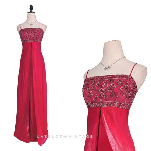 Vintage Morgan Co Prom Dress Maxi Gown 8 Pink Y2K Babydoll Fairy Split Empire 90 - Picture 1 of 12